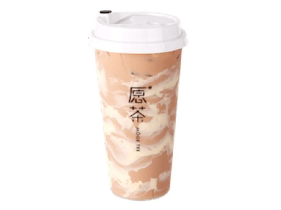 Cream cheese milk tea with marbled swirls of cheese foam at Moge Tee, a Bubble Tea Store in Bellevue